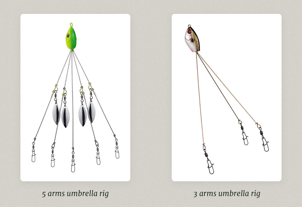 umbrella rigs types - umbrella rig with 5 arms and umbrella rig with 3 arms