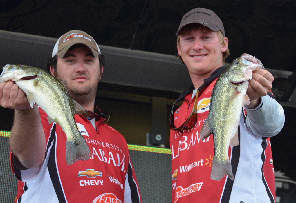Dustin Connell (right), shown with his teammate Logan Smith, advanced his learning curve about bass fishing when he competed for the University of Alabama fishing team (photo by Gary Mortenson/Major League Fishing)