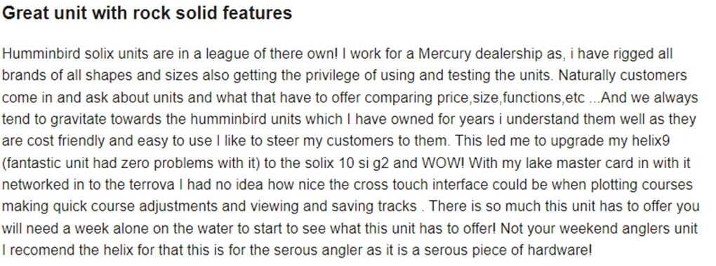 customer review about humminbird solix