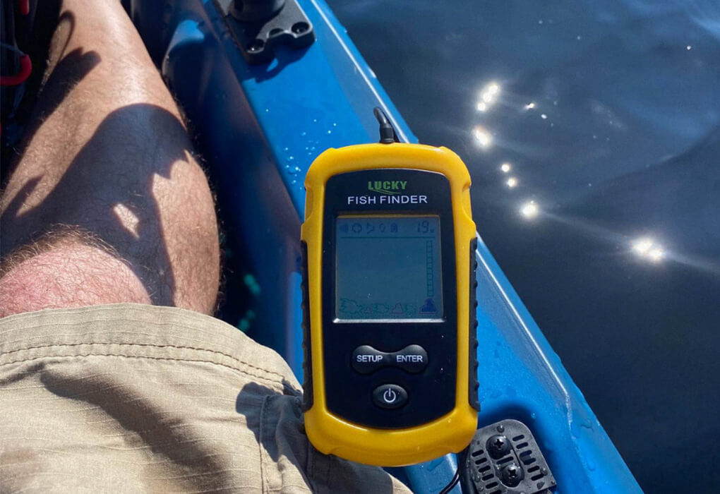 Lucky Handheld portable fish finder mounted on a kayak