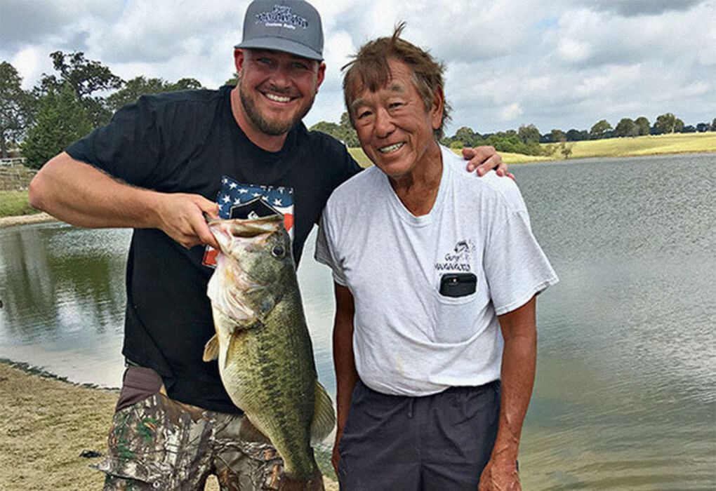 Fishing legend Gary Yamamoto (right) is at home on his ranch in east Texas, where he and his wife run a fishing operation and a cattle business. (Photo courtesy of Gary Yamamoto)