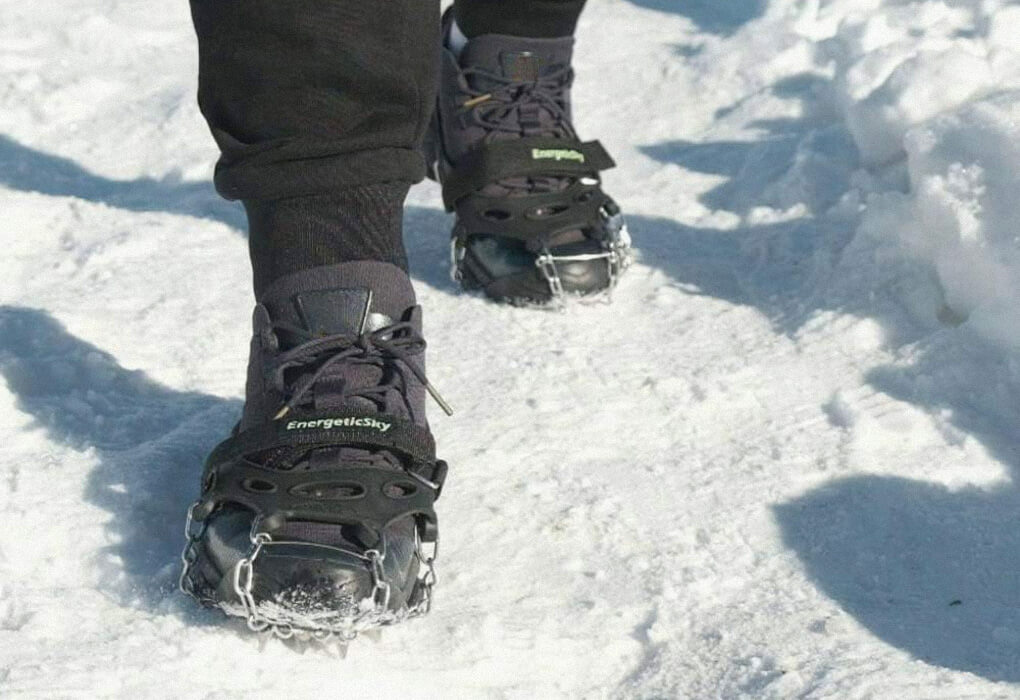 energeticsky ice fishing cleats mounted on boots
